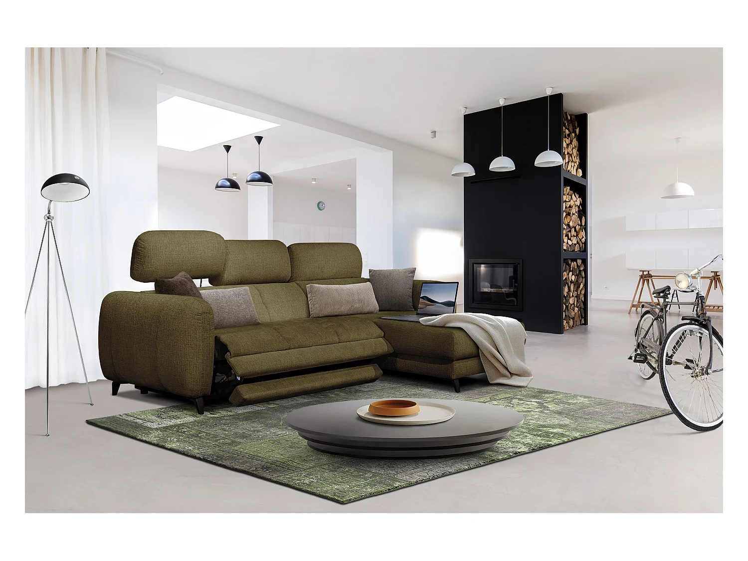 SVEN 3-Sitzer-Ecksofa, 1 Relax XL verstellbare Kopfstützen, olivgrün