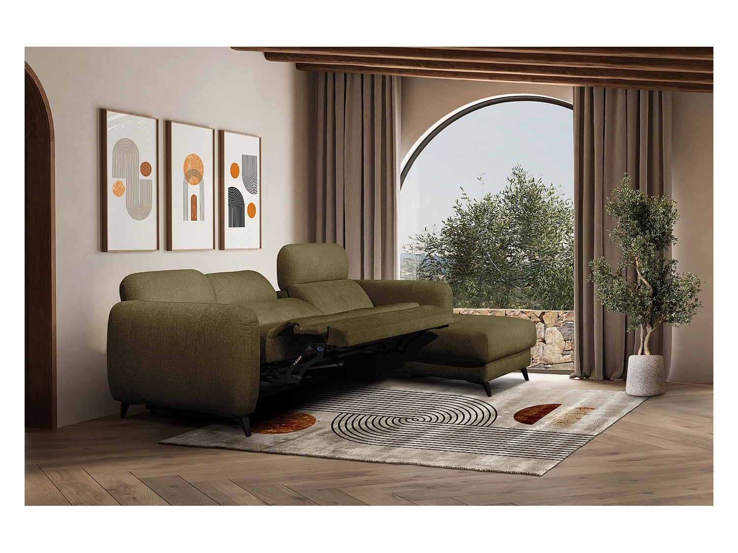 SVEN 3-Sitzer-Ecksofa, 1 Relax XL verstellbare Kopfstützen, olivgrün