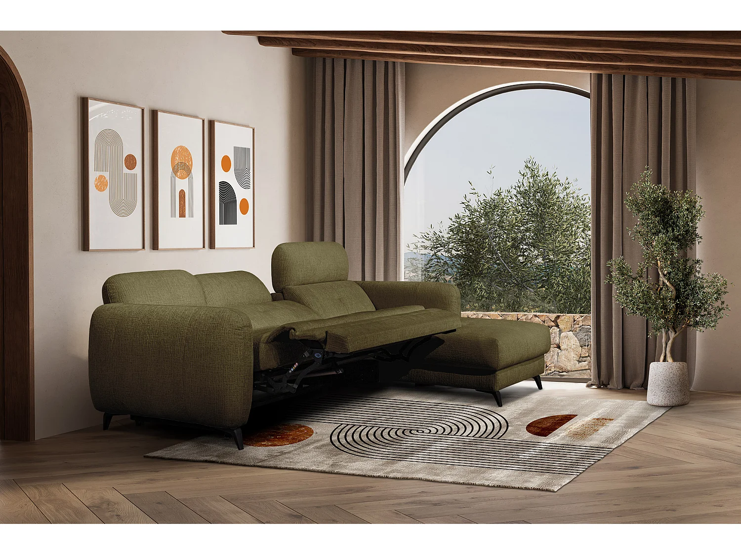 SVEN 3-Sitzer-Ecksofa, 1 Relax XL verstellbare Kopfstützen, olivgrün