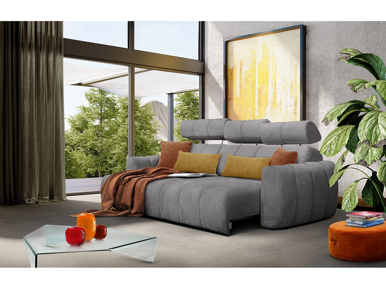 KIMI 3-Sitzer-Ecksofa, links, ausziehbarer Sitz, verstellbare Kopfstützen, grau