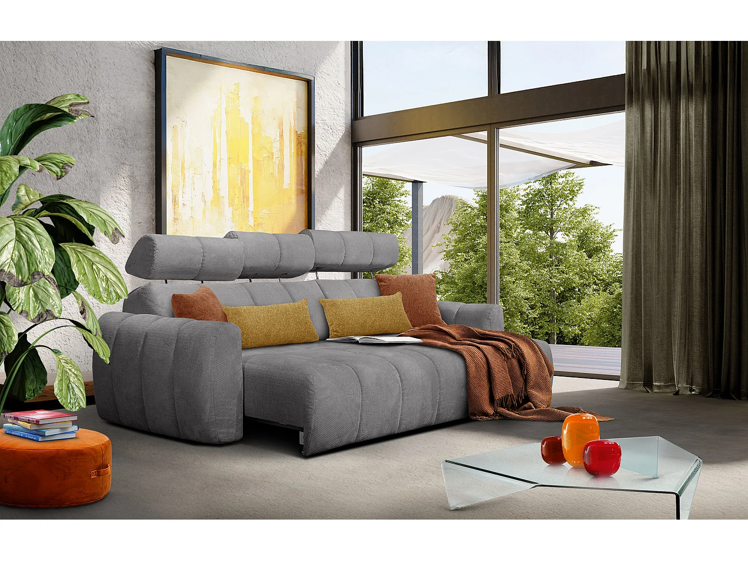 KIMI 3-Sitzer-Ecksofa, ausziehbarer Sitz, verstellbare Kopfstützen, grau