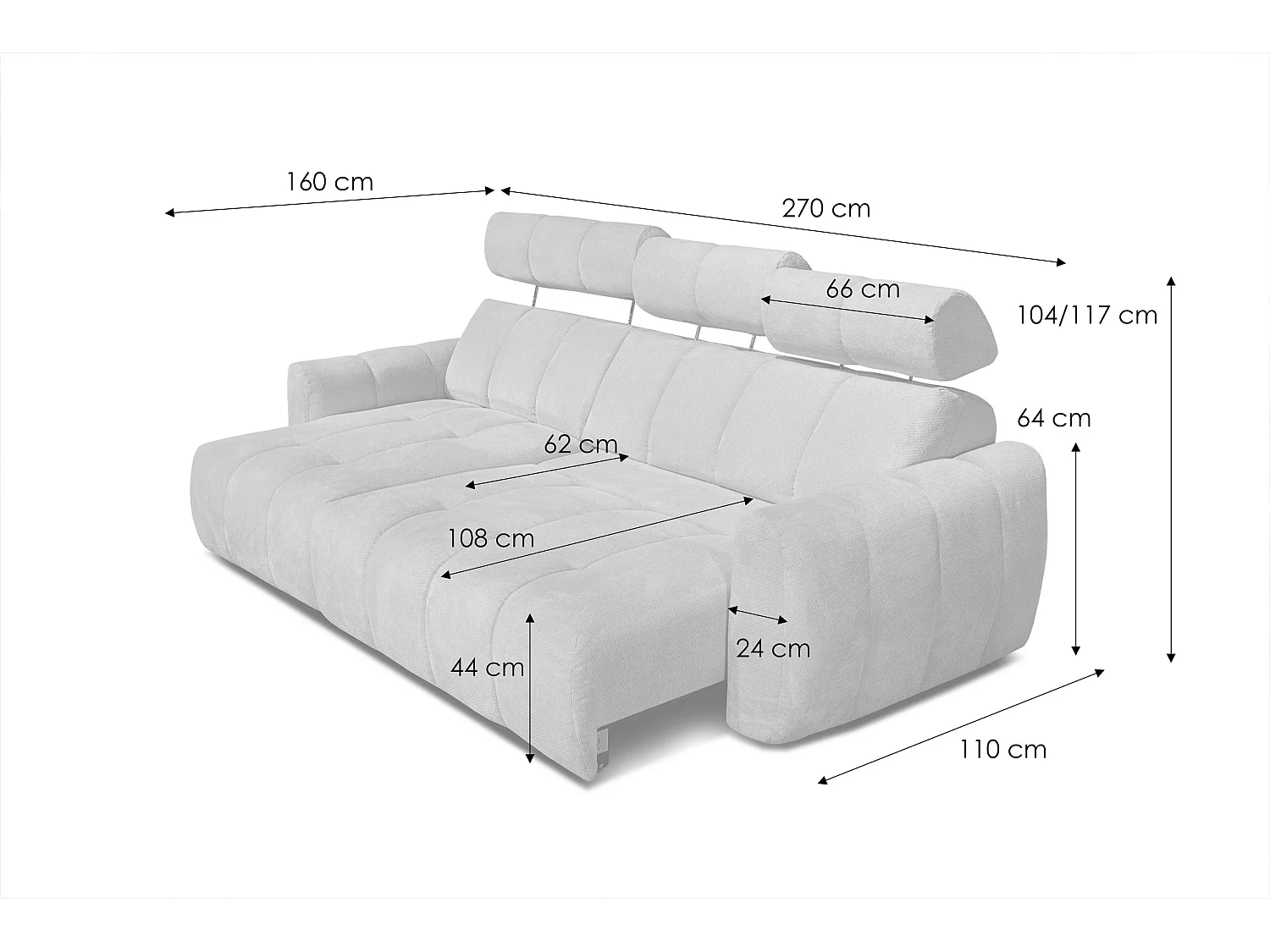 KIMI 3-Sitzer-Ecksofa, links, ausziehbarer Sitz, verstellbare Kopfstützen, dunkelgrau