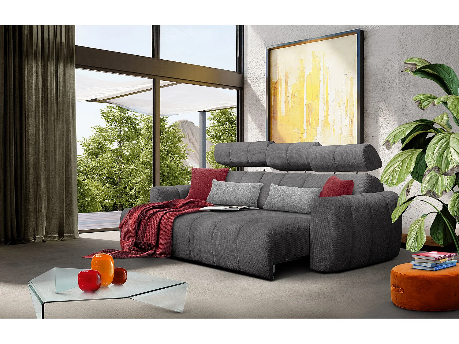 KIMI 3-Sitzer-Ecksofa, links, ausziehbarer Sitz, verstellbare Kopfstützen, dunkelgrau