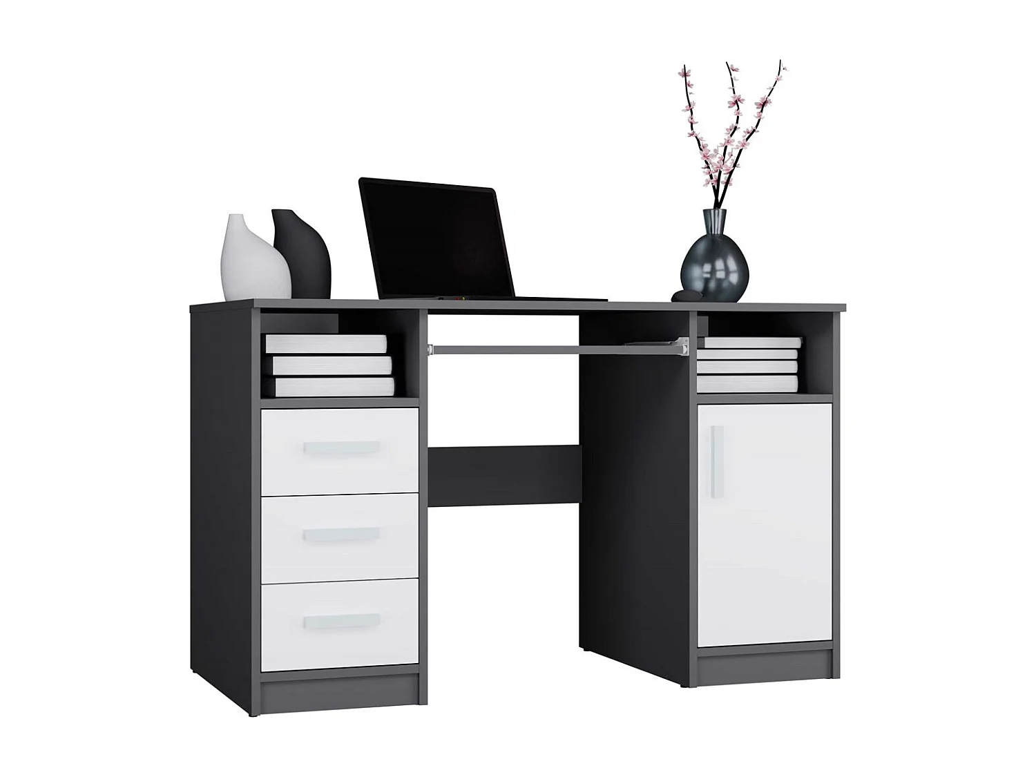 DELTA - Bureau 120cm 3 tiroirs avec armoire et étagères pour bureau / chambre - Anthracite & blanc