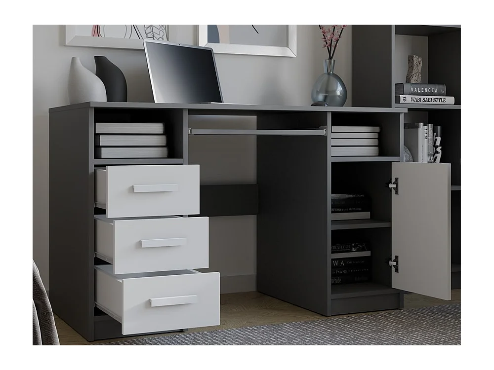 DELTA - Bureau 120cm 3 tiroirs avec armoire et étagères pour bureau / chambre - Anthracite & blanc