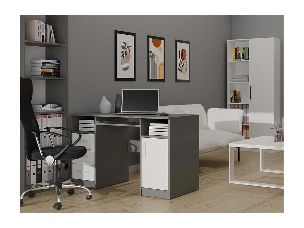 DELTA - Bureau 120cm 3 tiroirs avec armoire et étagères pour bureau / chambre - Anthracite & blanc