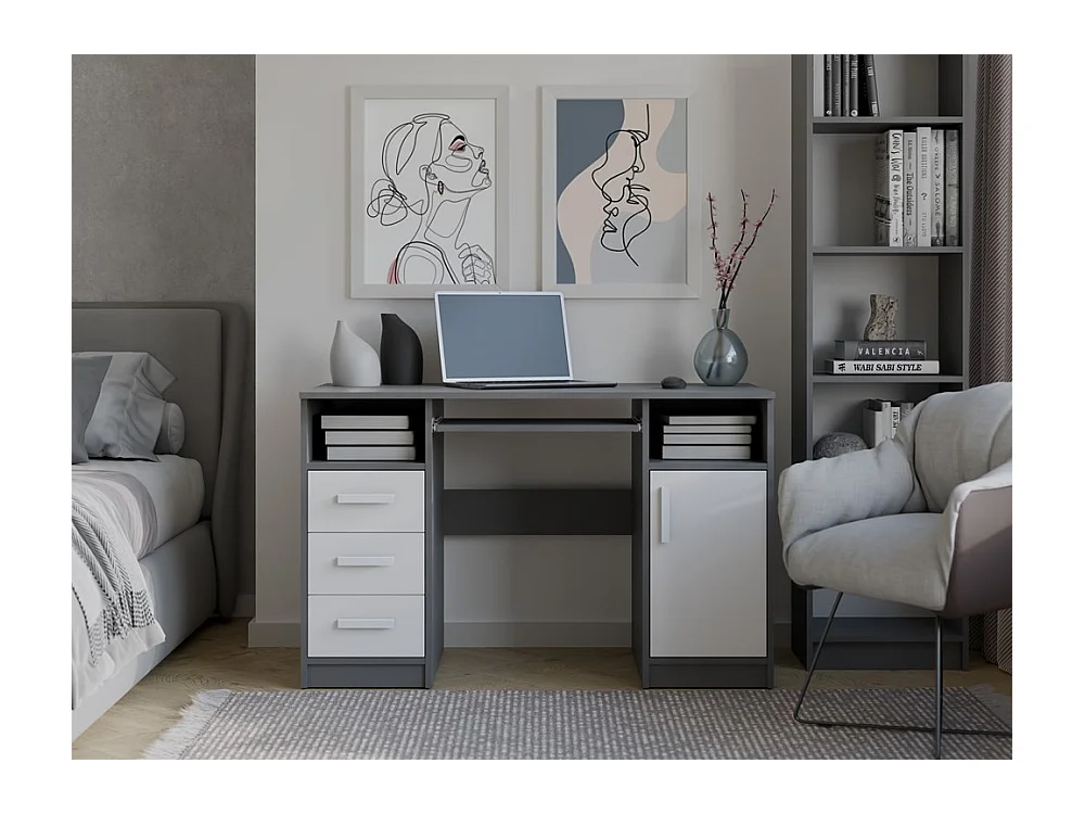 DELTA - Bureau 120cm 3 tiroirs avec armoire et étagères pour bureau / chambre - Anthracite & blanc