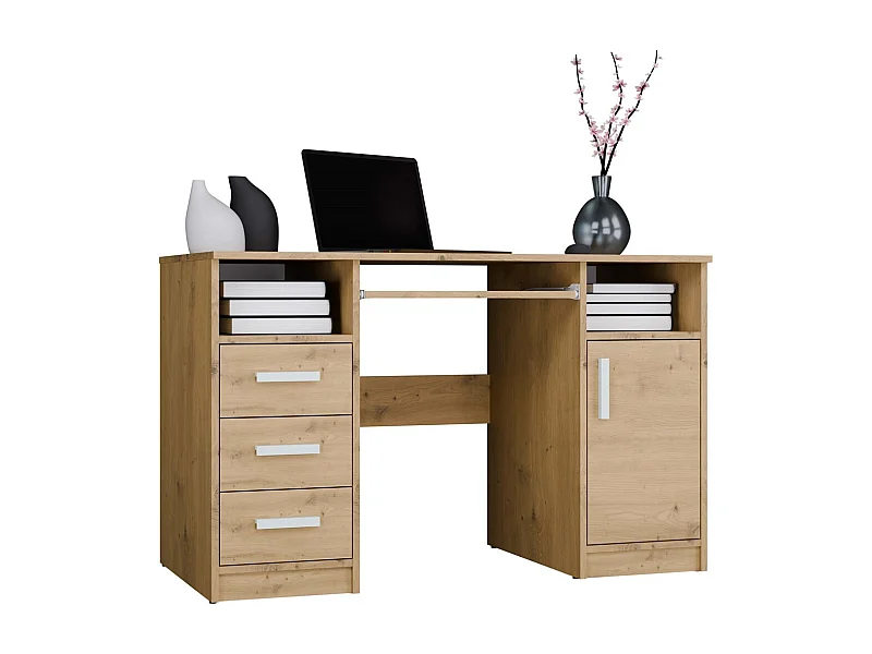 DELTA - Scrivania 120 cm con 3 cassetti, armadietto e scaffali per ufficio / camera da letto - Rovere