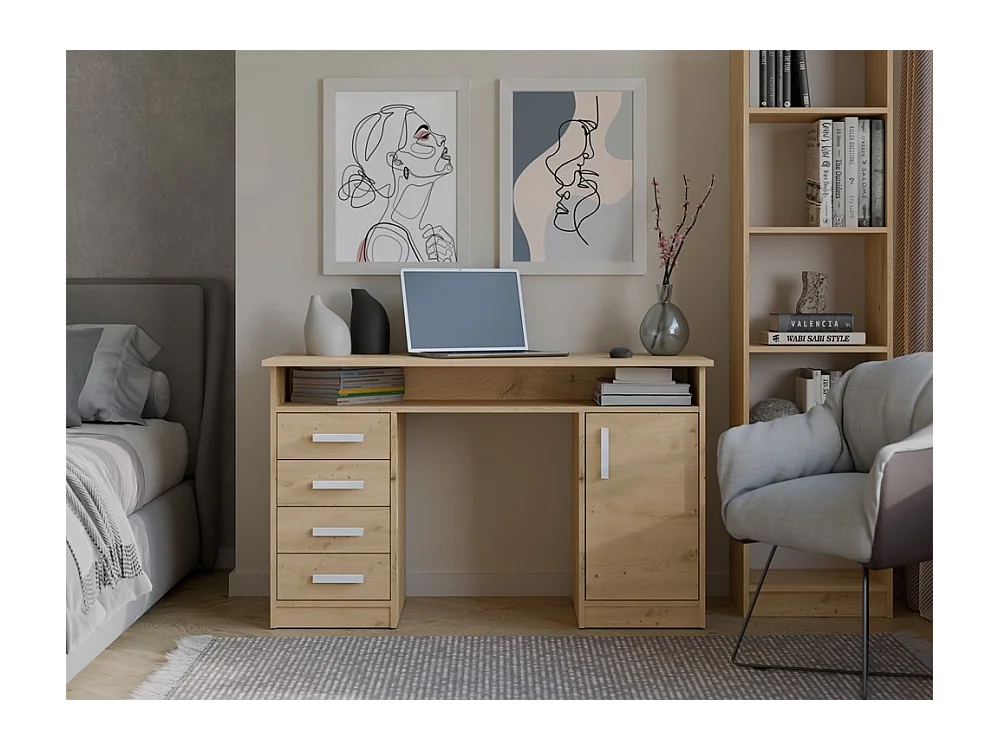 Biurko ADA | Dąb Artisan  |4 Szuflady Szafka Pólki | 125x55x75 cm | Do Biura/Pokoju
