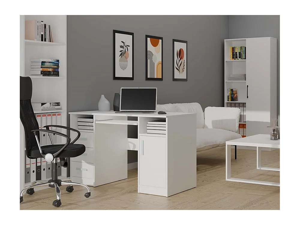 DELTA - Bureau 120cm 3 tiroirs avec armoire et étagères pour bureau / chambre - Blanc