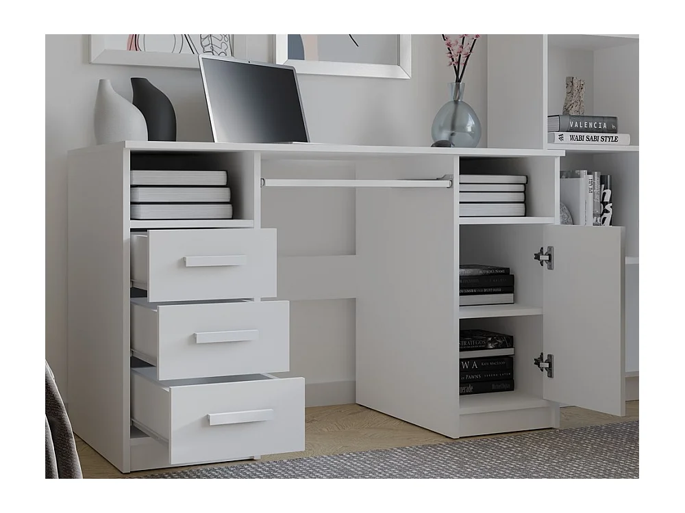 DELTA - Bureau 120cm 3 tiroirs avec armoire et étagères pour bureau / chambre - Blanc