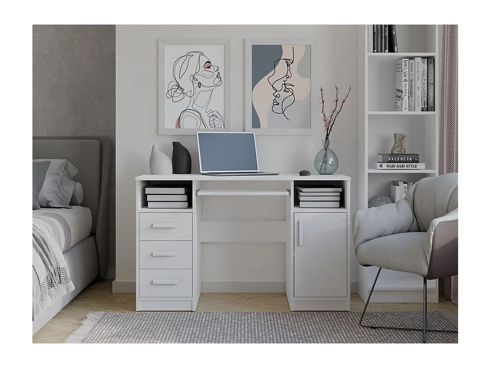 DELTA - Bureau 120cm 3 tiroirs avec armoire et étagères pour bureau / chambre - Blanc