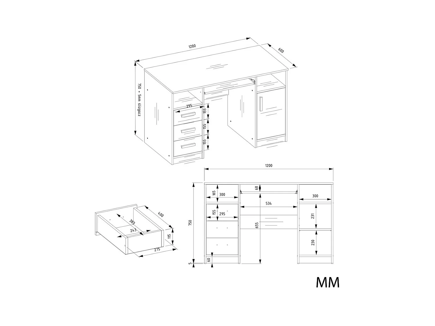 DELTA - Bureau 120cm 3 tiroirs avec armoire et étagères pour bureau / chambre - Blanc