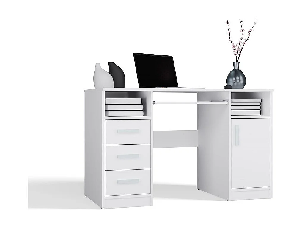 DELTA - Bureau 120cm 3 tiroirs avec armoire et étagères pour bureau / chambre - Blanc