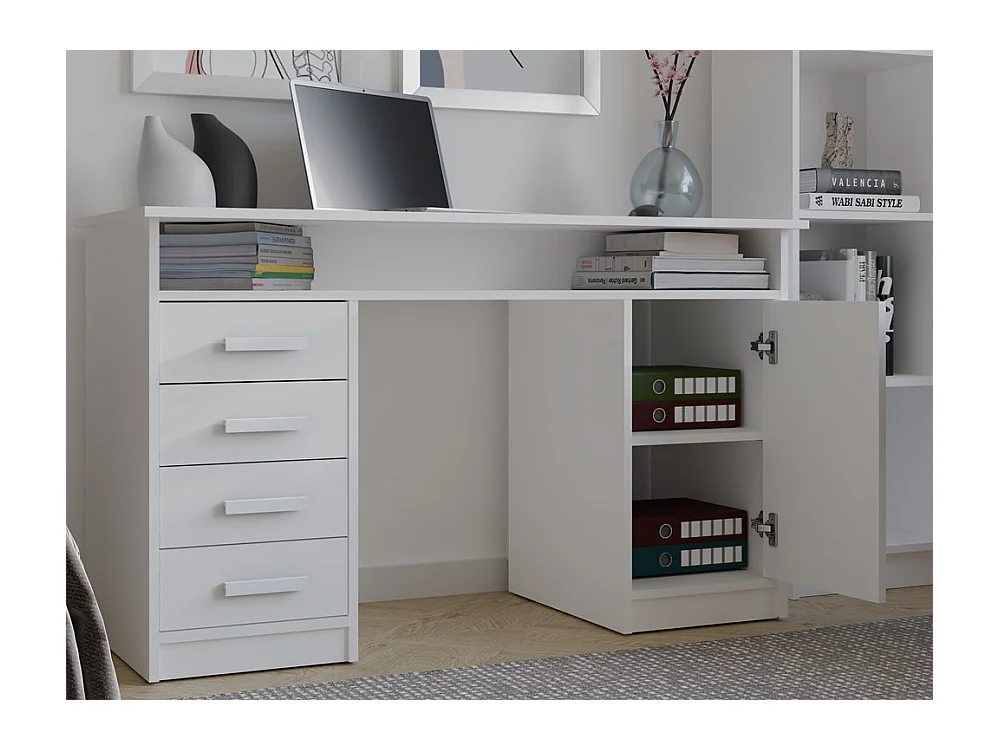 ADA - Scrivania 125 cm con 4 cassetti, armadietto e scaffali per ufficio o computer portatile - Bianco