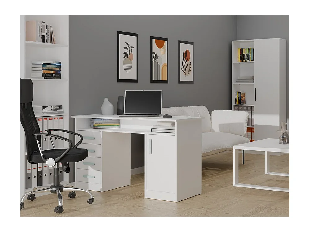 ADA - Scrivania 125 cm con 4 cassetti, armadietto e scaffali per ufficio o computer portatile - Bianco