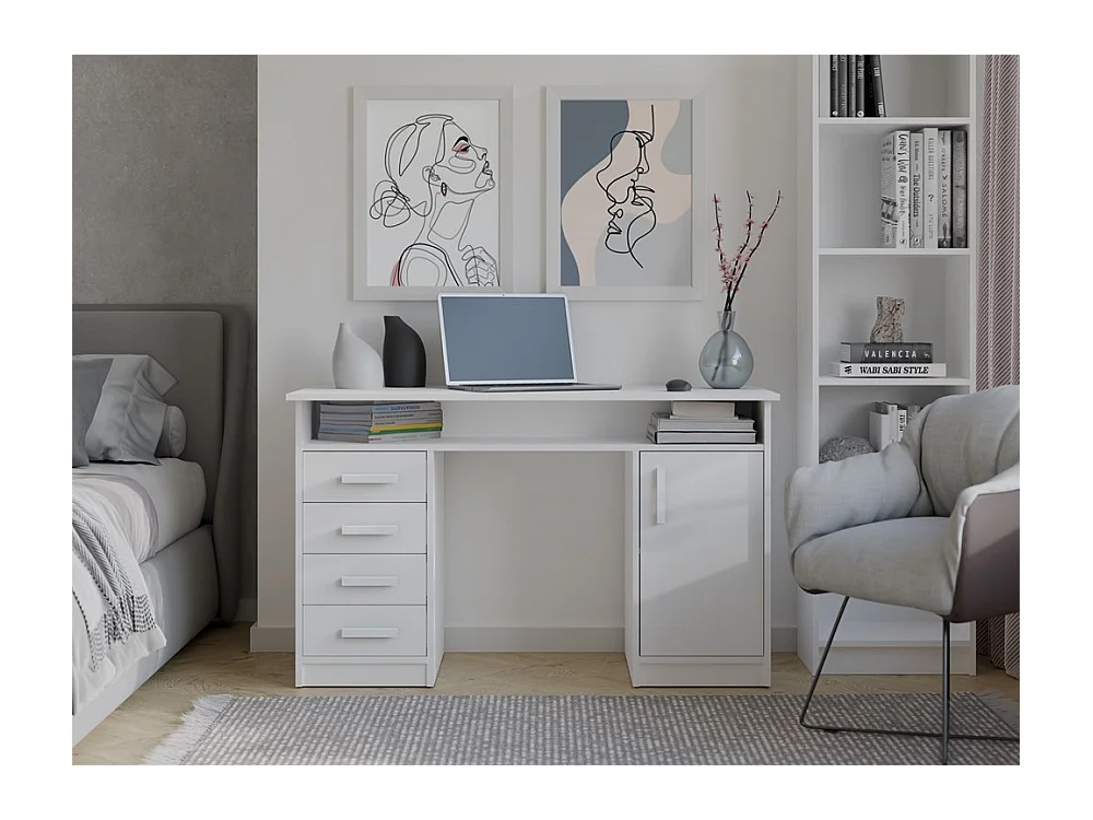 ADA - Scrivania 125 cm con 4 cassetti, armadietto e scaffali per ufficio o computer portatile - Bianco