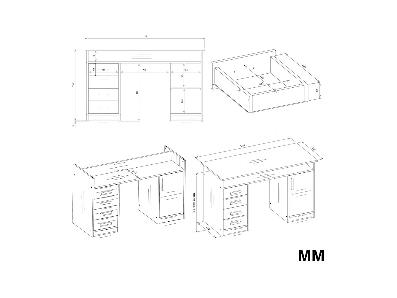 ADA - Scrivania 125 cm con 4 cassetti, armadietto e scaffali per ufficio o computer portatile - Bianco