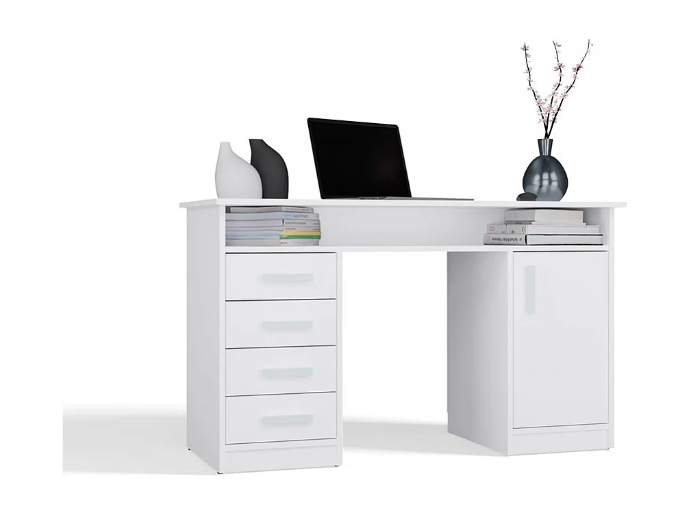 ADA - Scrivania 125 cm con 4 cassetti, armadietto e scaffali per ufficio o computer portatile - Bianco
