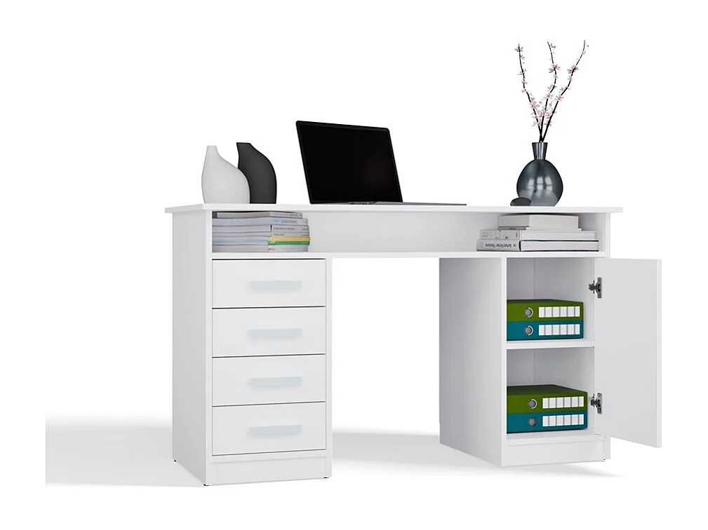 ADA - Scrivania 125 cm con 4 cassetti, armadietto e scaffali per ufficio o computer portatile - Bianco