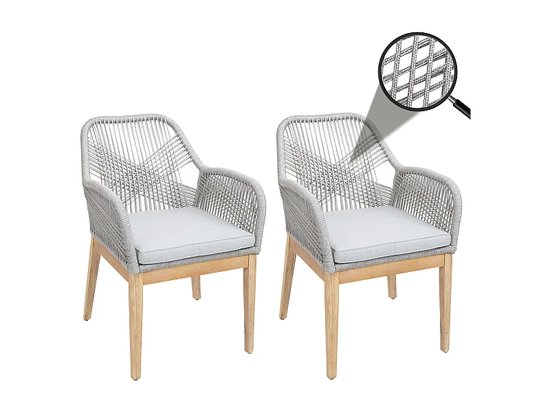 Set di 2 sedie da giardino MCW-H56b, poltrona da esterno, corda intrecciata legno di acacia ~ grigio cuscini grigi