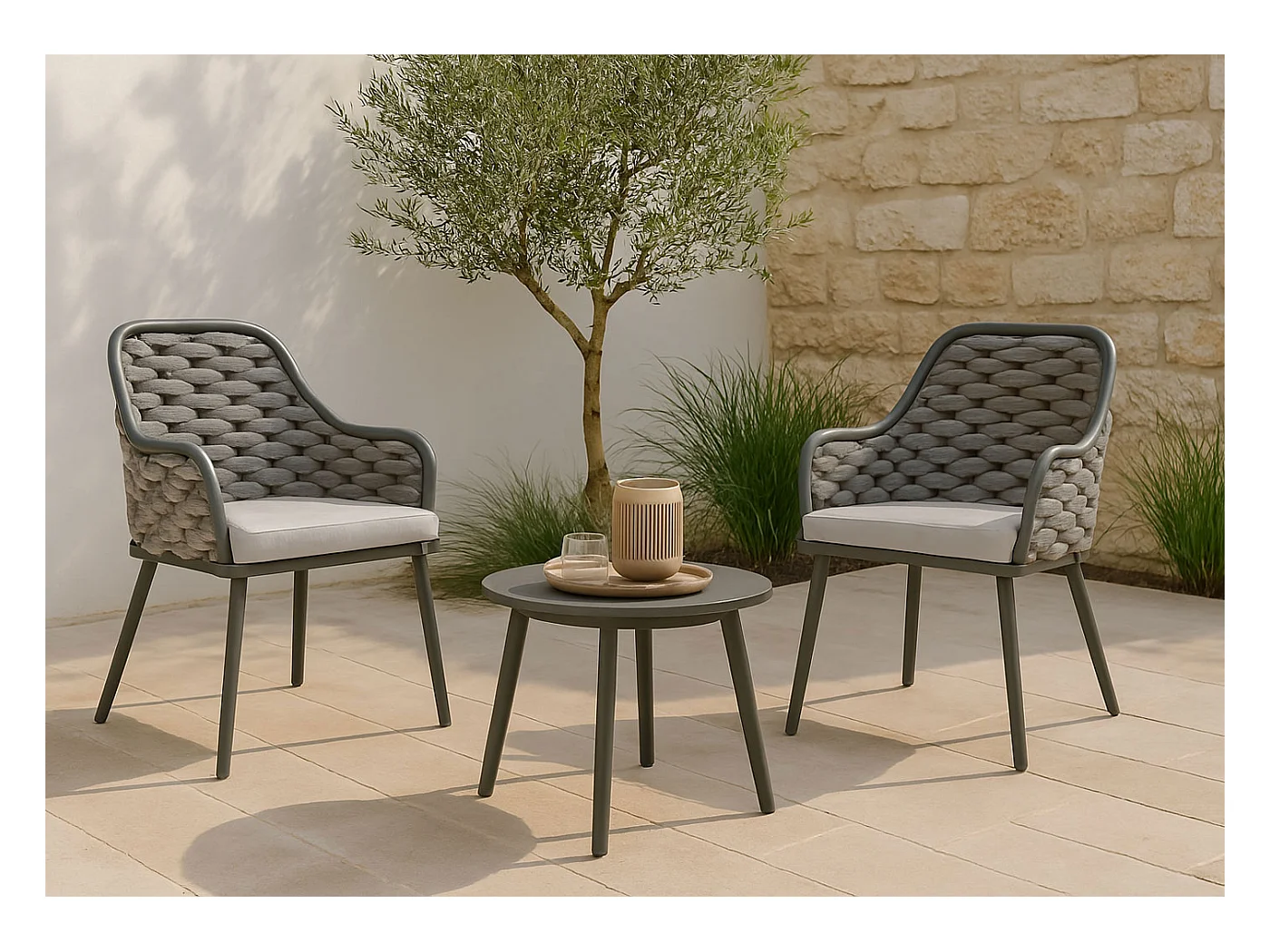 Gartenstuhl MCW-O16 (2er-Set), Anthrazit Kissen hellgrau