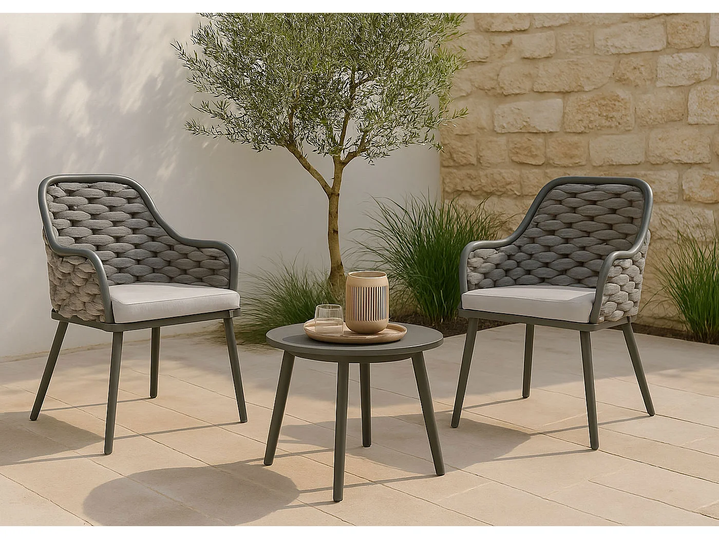 Chaise de jardin MCW-O16 (lot de 2),  anthracite Coussin gris clair