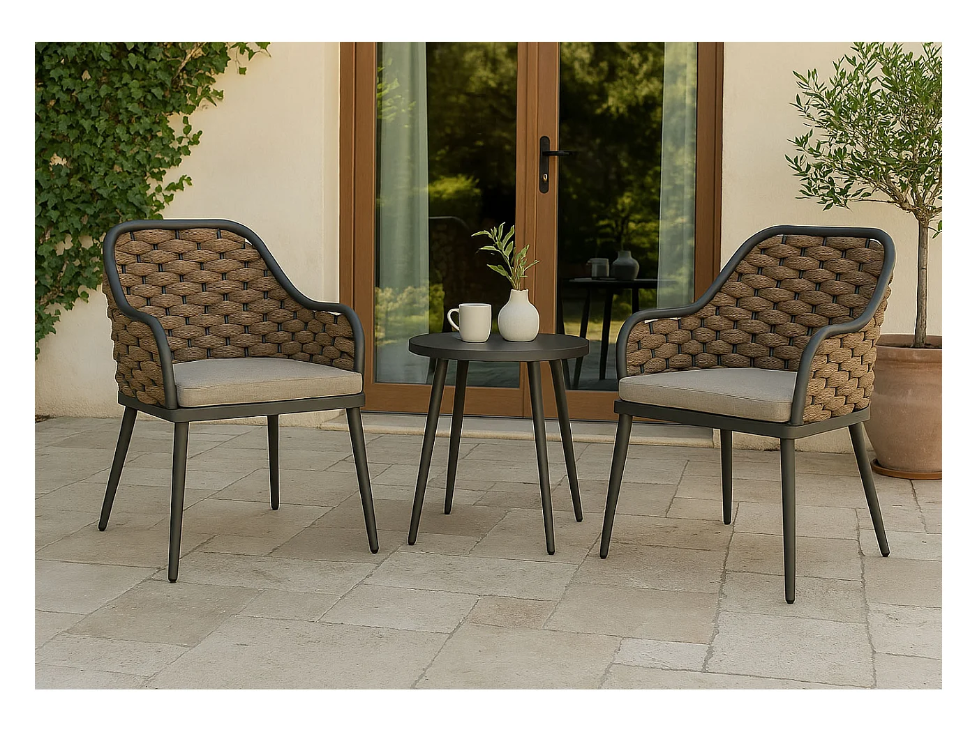 Silla de jardín MCW-O16 (juego de 2),  cojín beige marrón claro