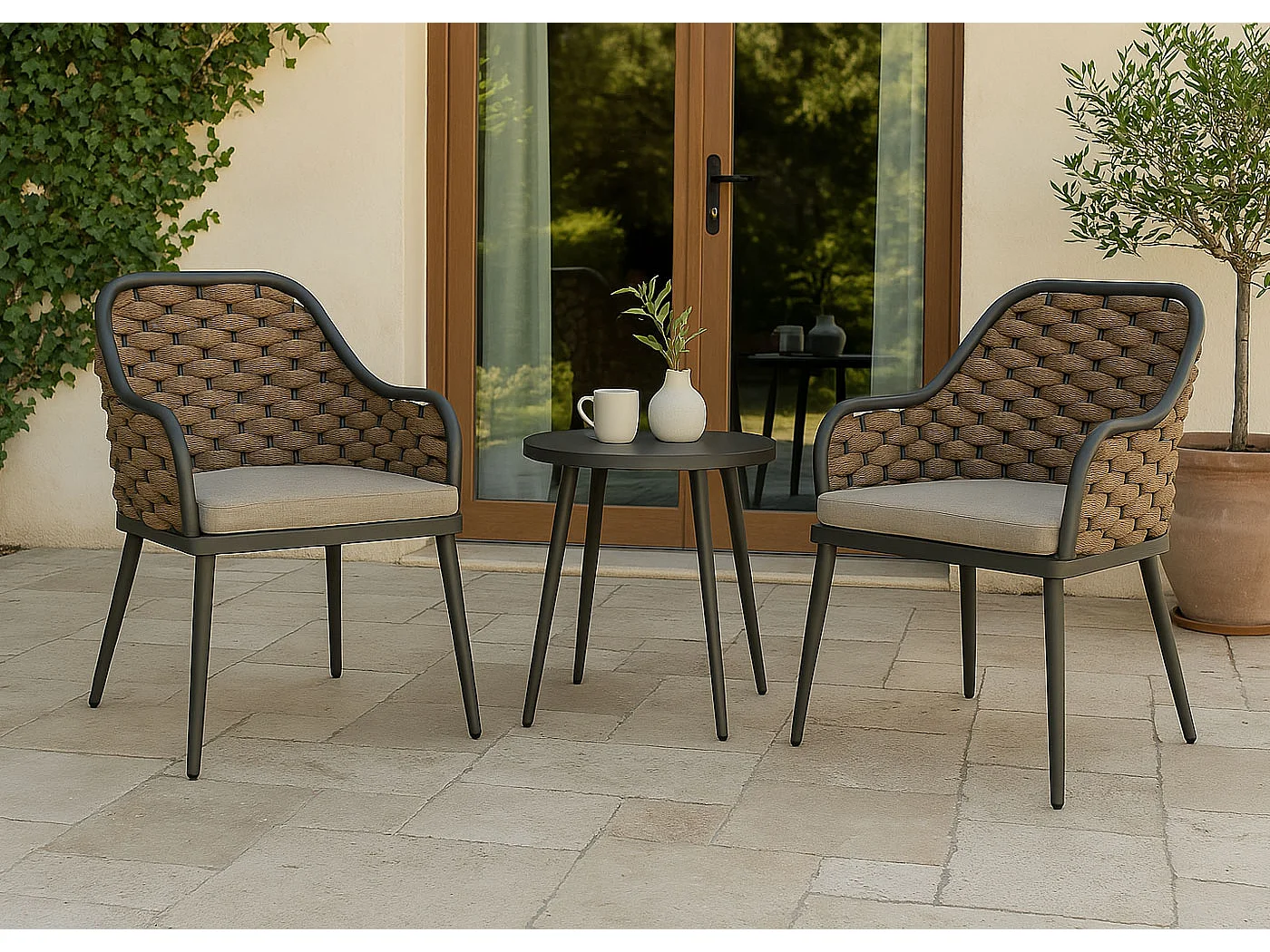 Chaise de jardin MCW-O16 (lot de 2),  beige Coussin marron clair