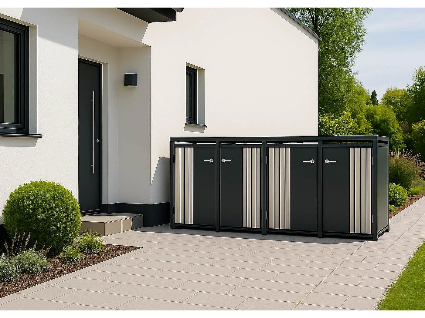 4-bin waste bin enclosure MCW-O67,  light anthracite wood effect