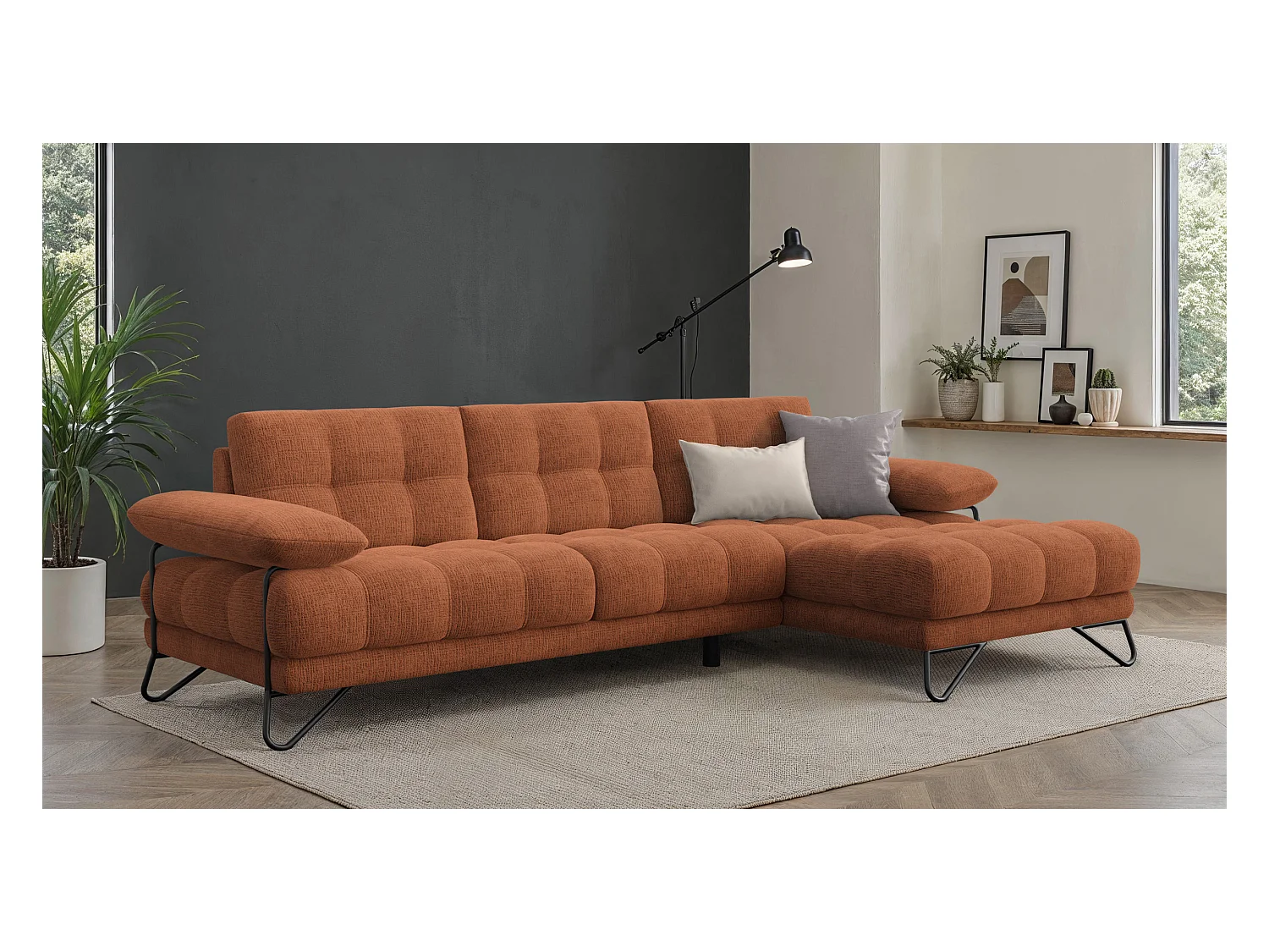 CANAPÉ D'ANGLE BUBBARA 4 places, tissu orange