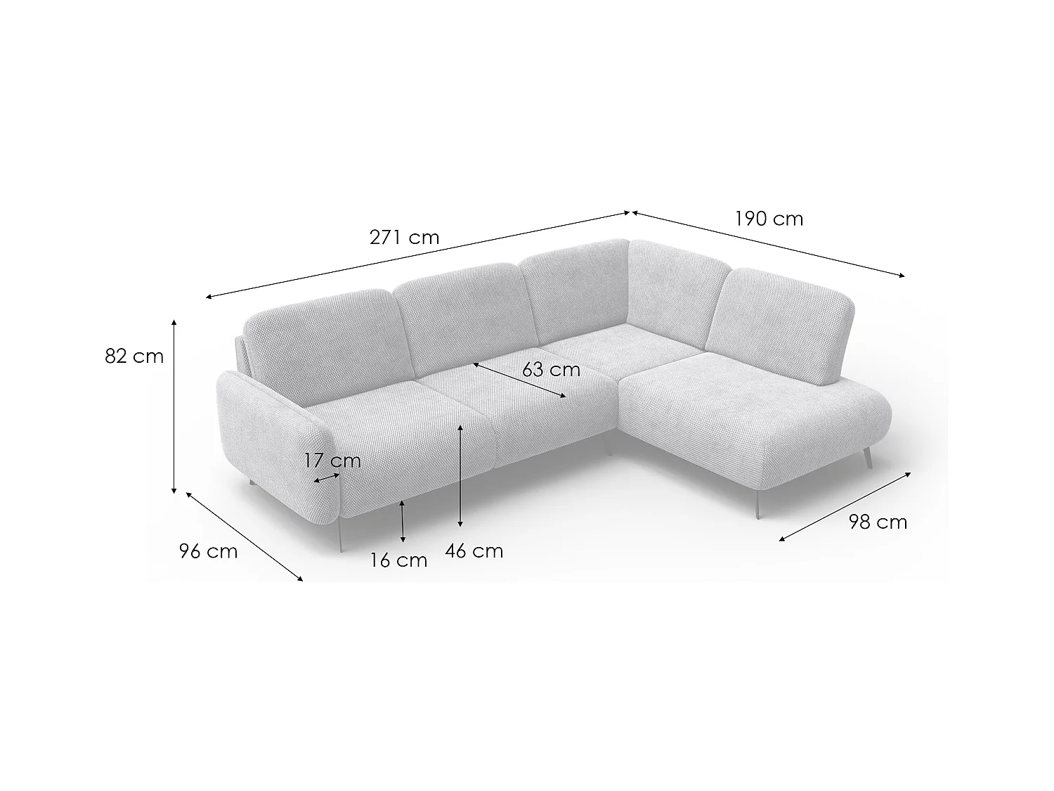 CANAPÉ D'ANGLE FEBE 5 places, tissu gris