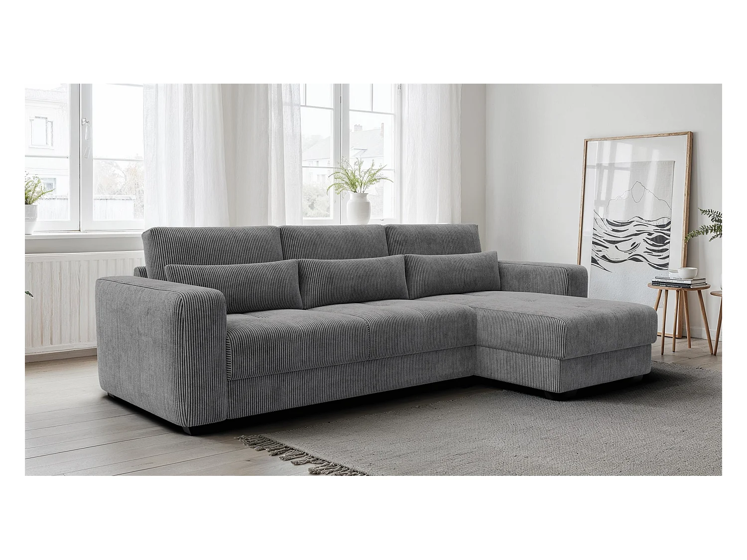 CANAPÉ D'ANGLE OLI 4 places, tissu gris foncé