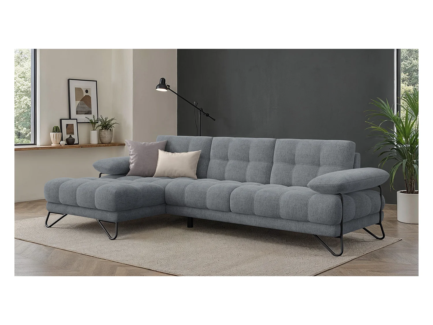 CANAPÉ D'ANGLE BUBBARA 4 places, tissu gris foncé