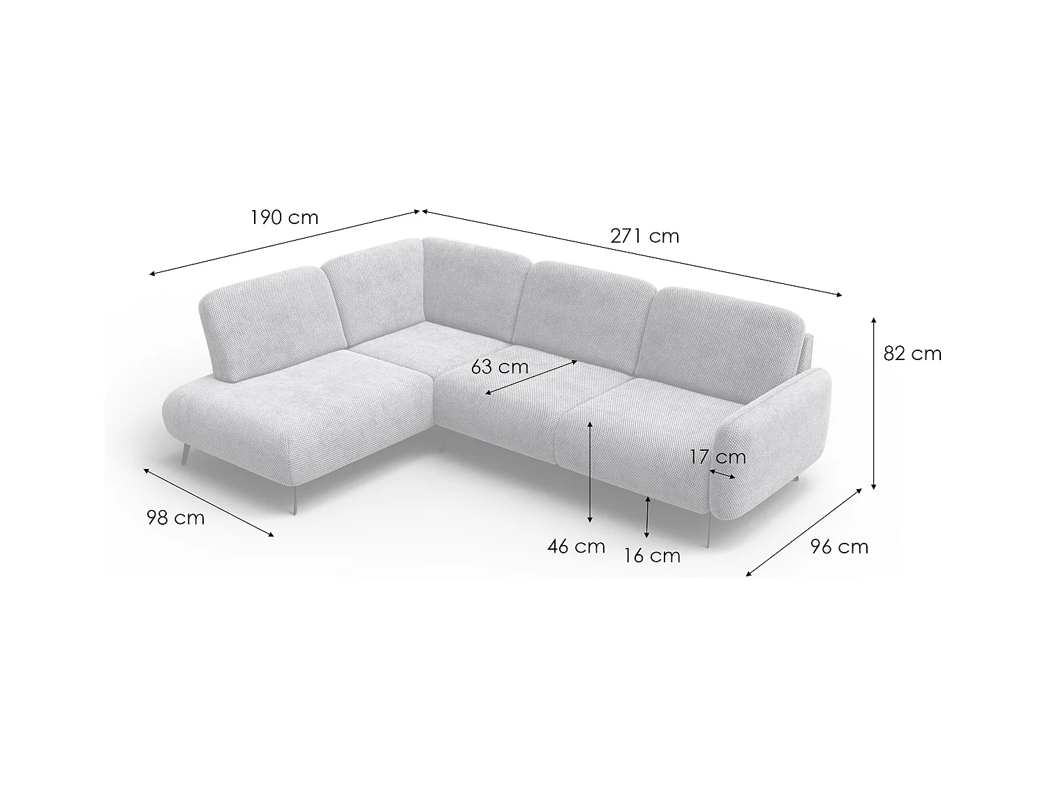 CANAPÉ D'ANGLE FEBE 5 places, tissu gris