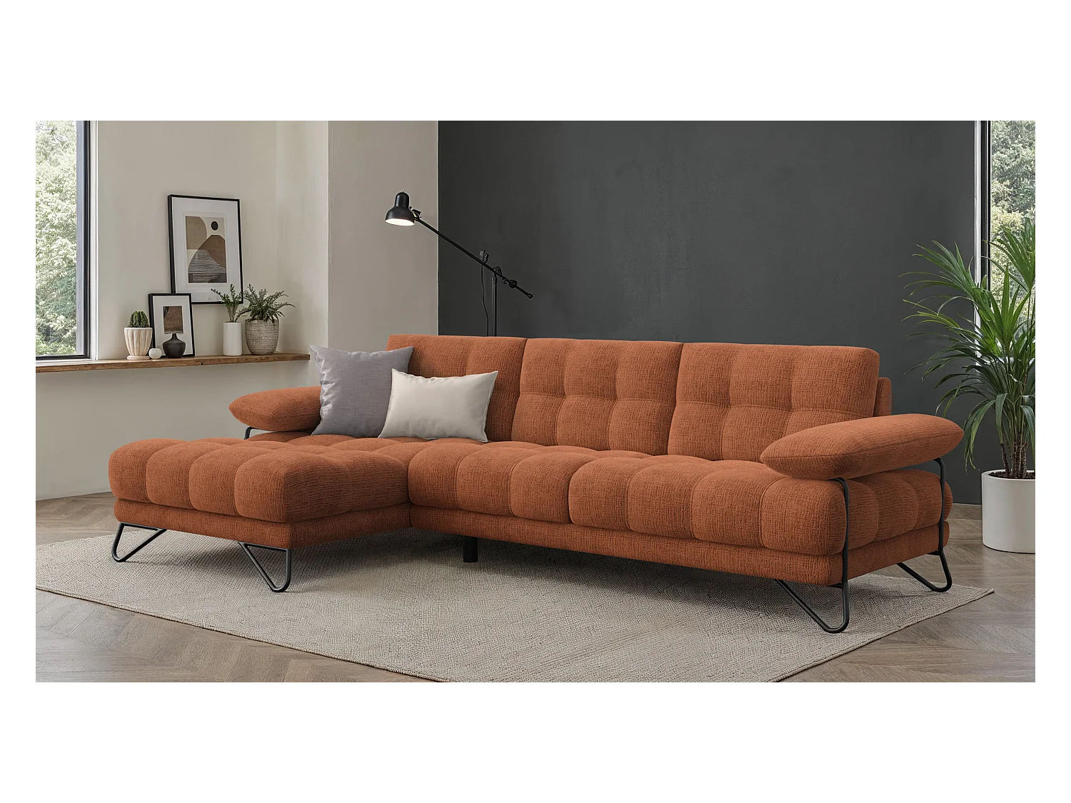 CANAPÉ D'ANGLE BUBBARA 4 places, tissu orange