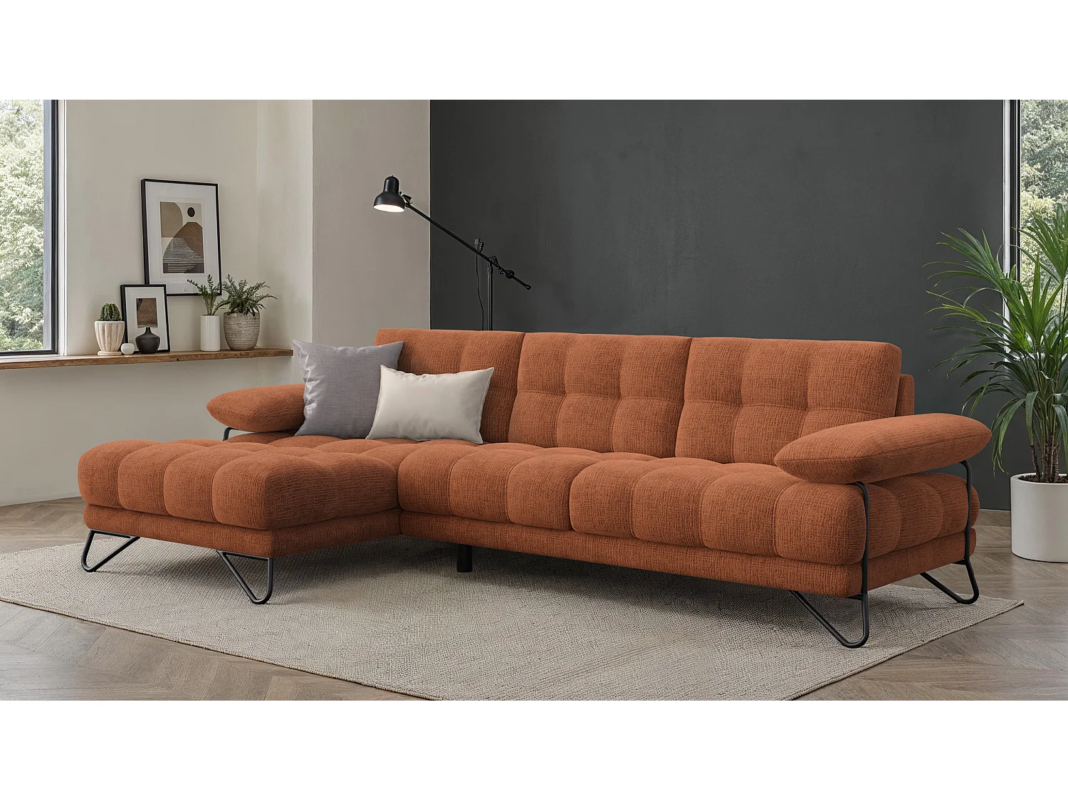 CANAPÉ D'ANGLE BUBBARA 4 places, tissu orange