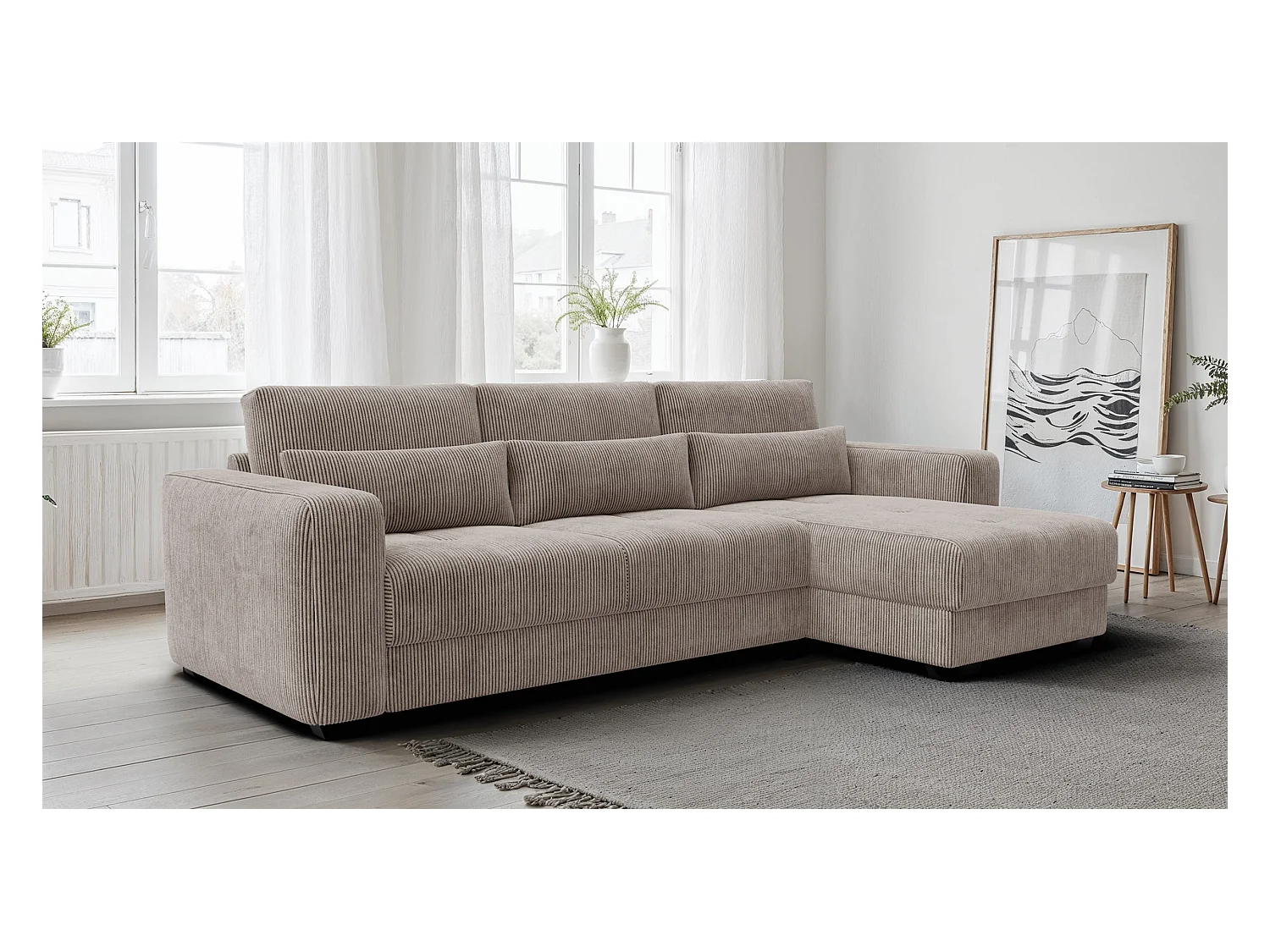 CANAPÉ D'ANGLE OLI 4 places, tissu taupe