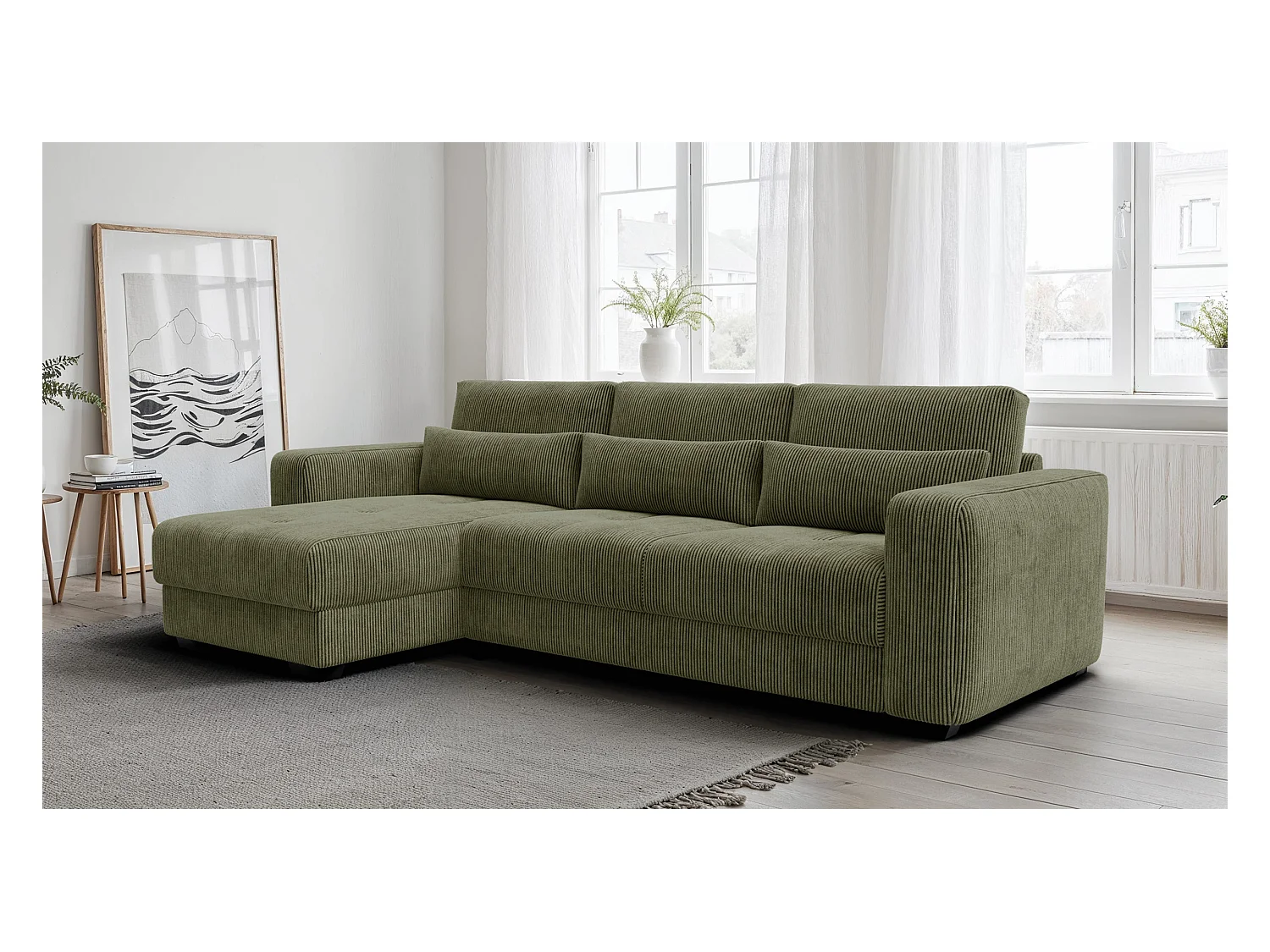 CANAPÉ D'ANGLE OLI 4 places, tissu olive