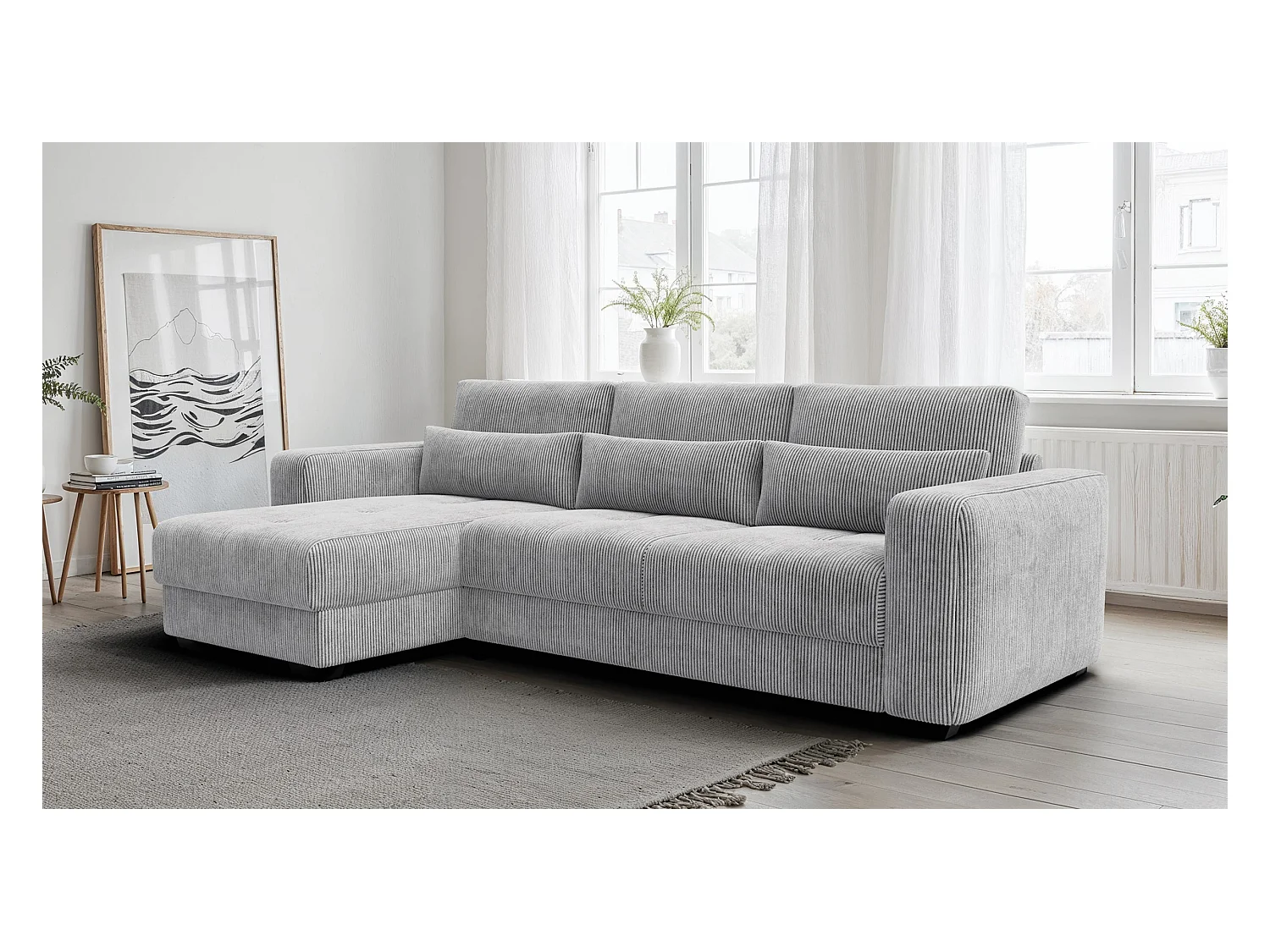 CANAPÉ D'ANGLE OLI 4 places, tissu gris clair