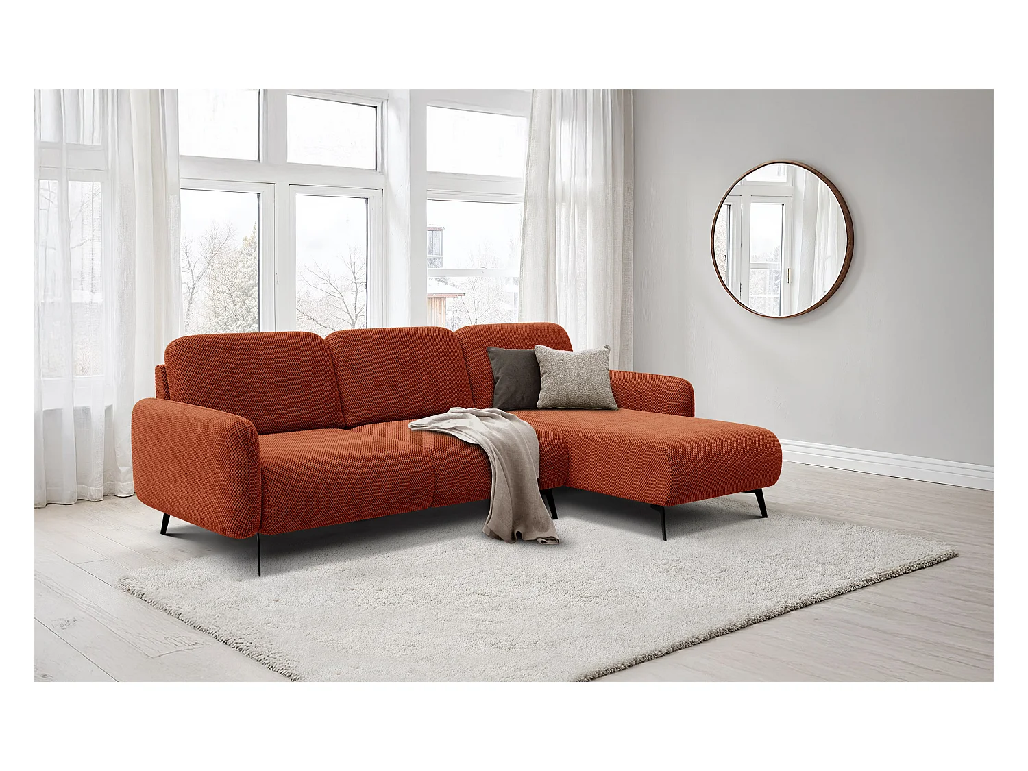 CANAPÉ D'ANGLE FEBE 4 places, tissu orange foncé