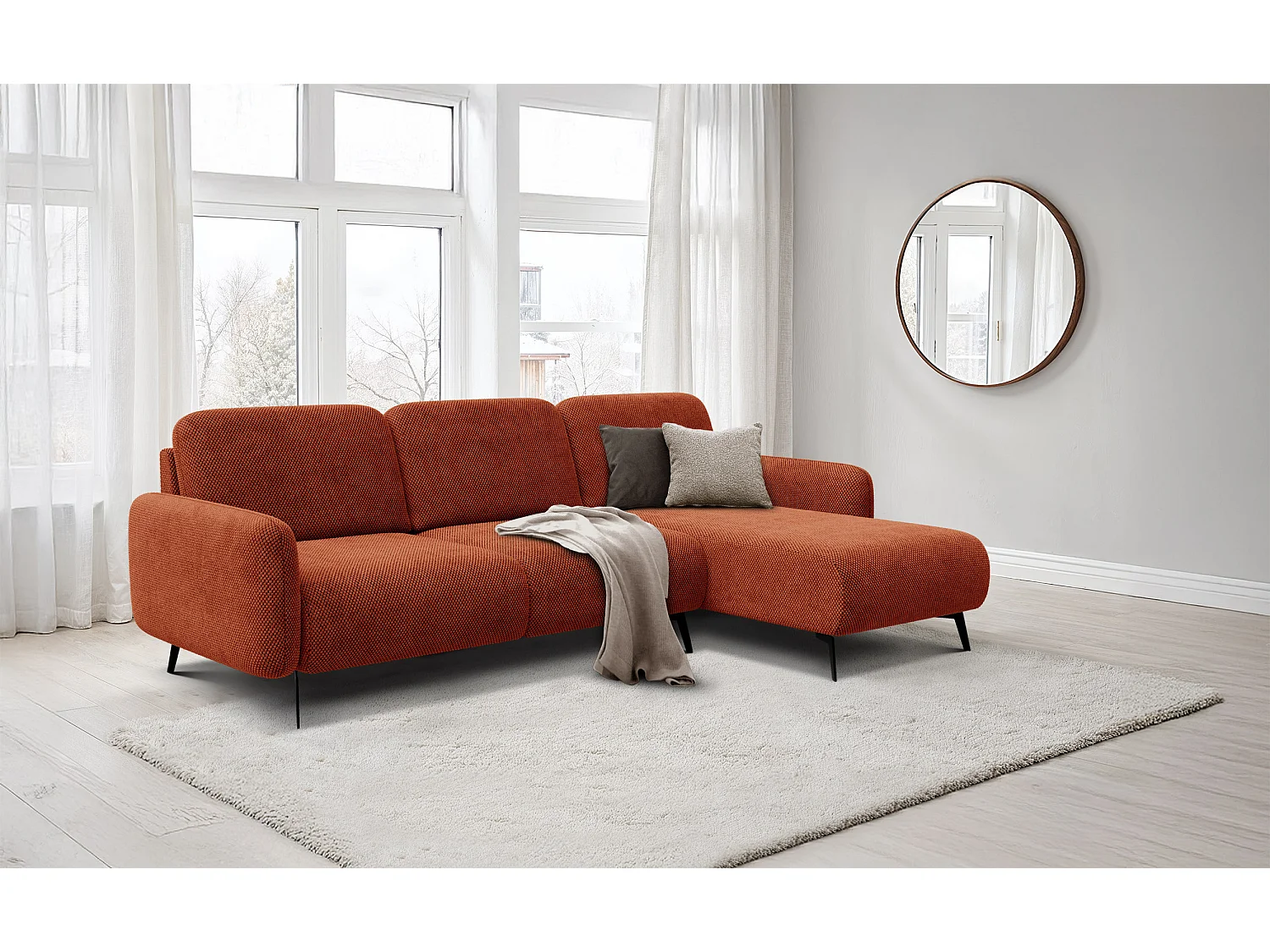 CANAPÉ D'ANGLE FEBE 4 places, tissu orange foncé