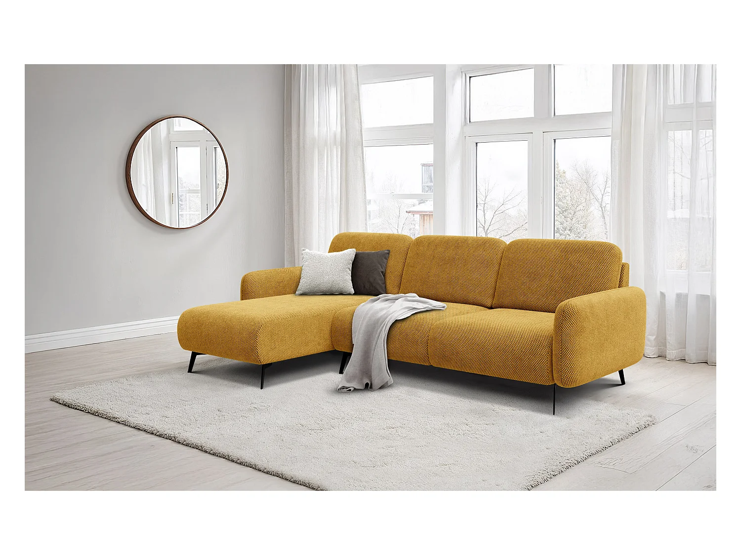 CANAPÉ D'ANGLE FEBE 4 places, tissu jaune foncé