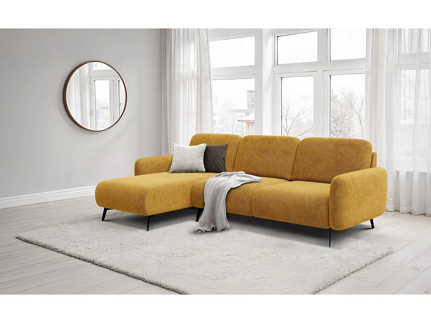 CANAPÉ D'ANGLE FEBE 4 places, tissu jaune foncé