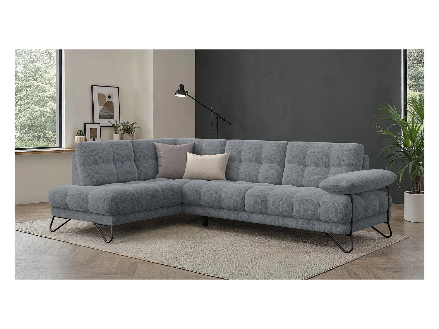 CANAPÉ D'ANGLE BUBBARA 5 places, tissu gris foncé