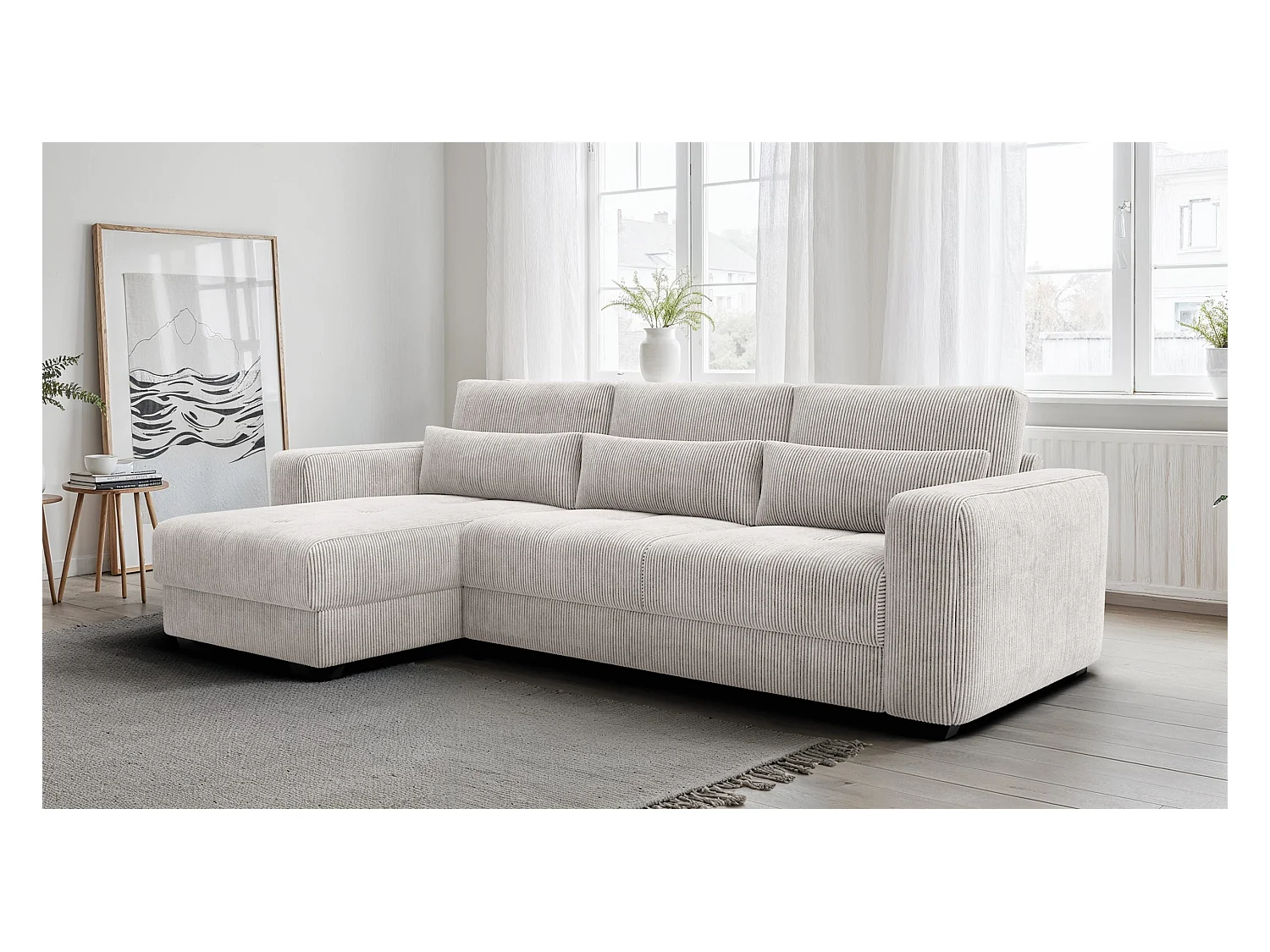 CANAPÉ D'ANGLE OLI 4 places, tissu blanc perle