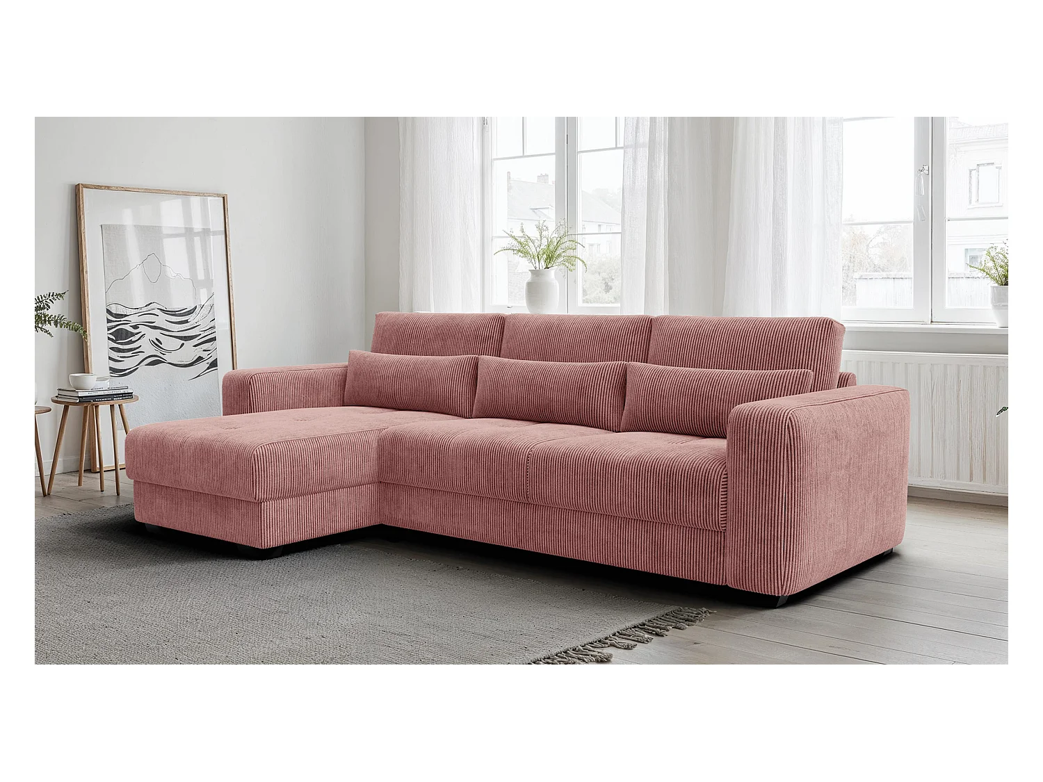CANAPÉ D'ANGLE OLI 4 places, tissu rose