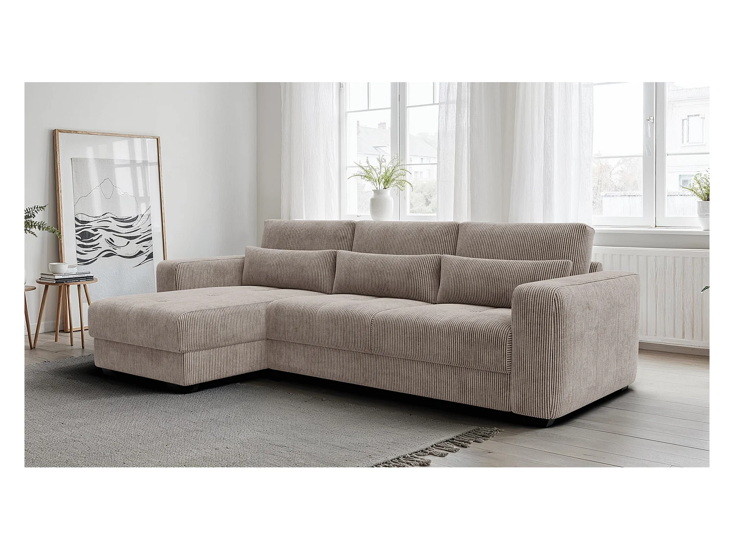 CANAPÉ D'ANGLE OLI 4 places, tissu taupe