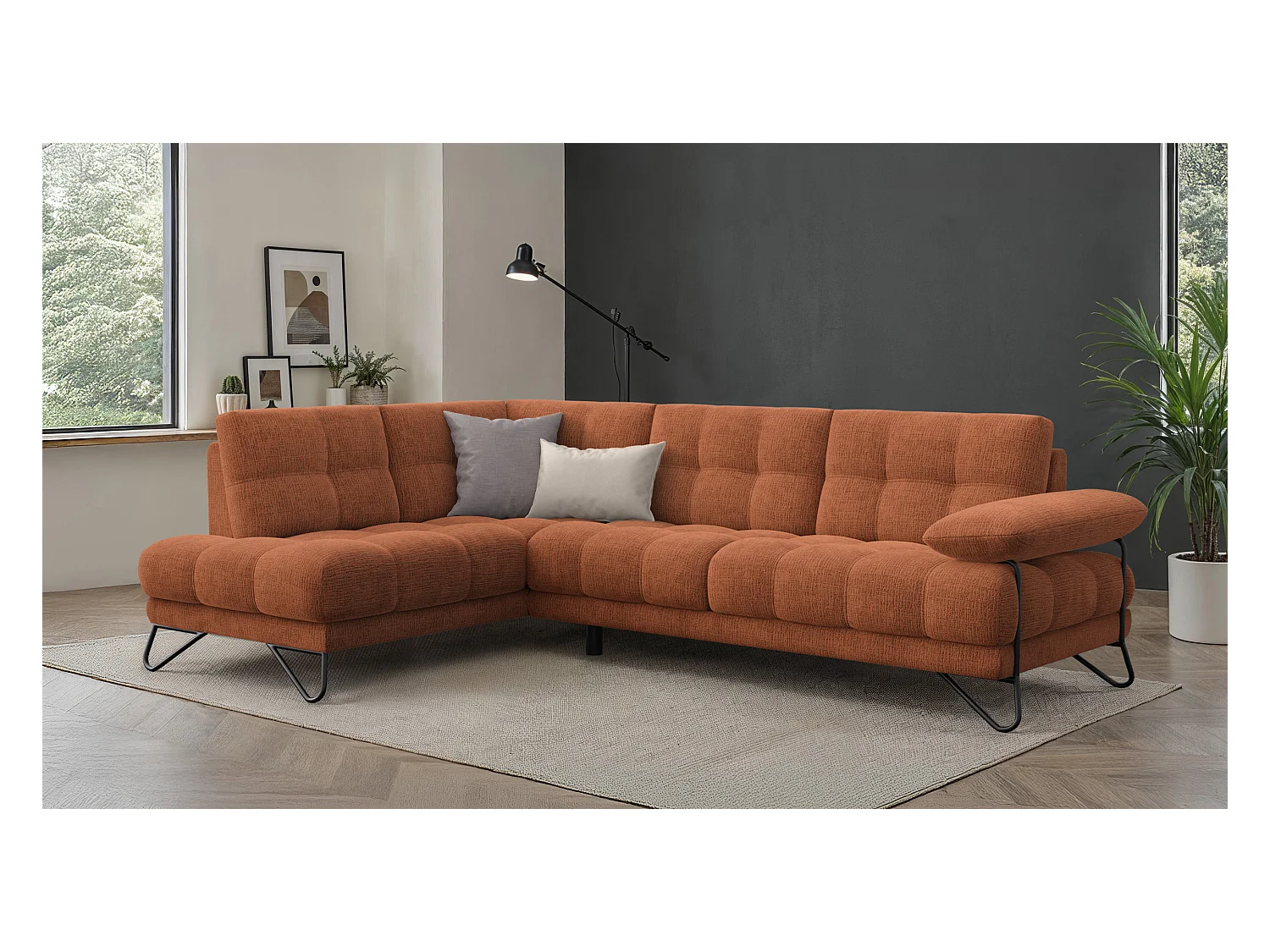 CANAPÉ D'ANGLE BUBBARA 5 places, tissu orange