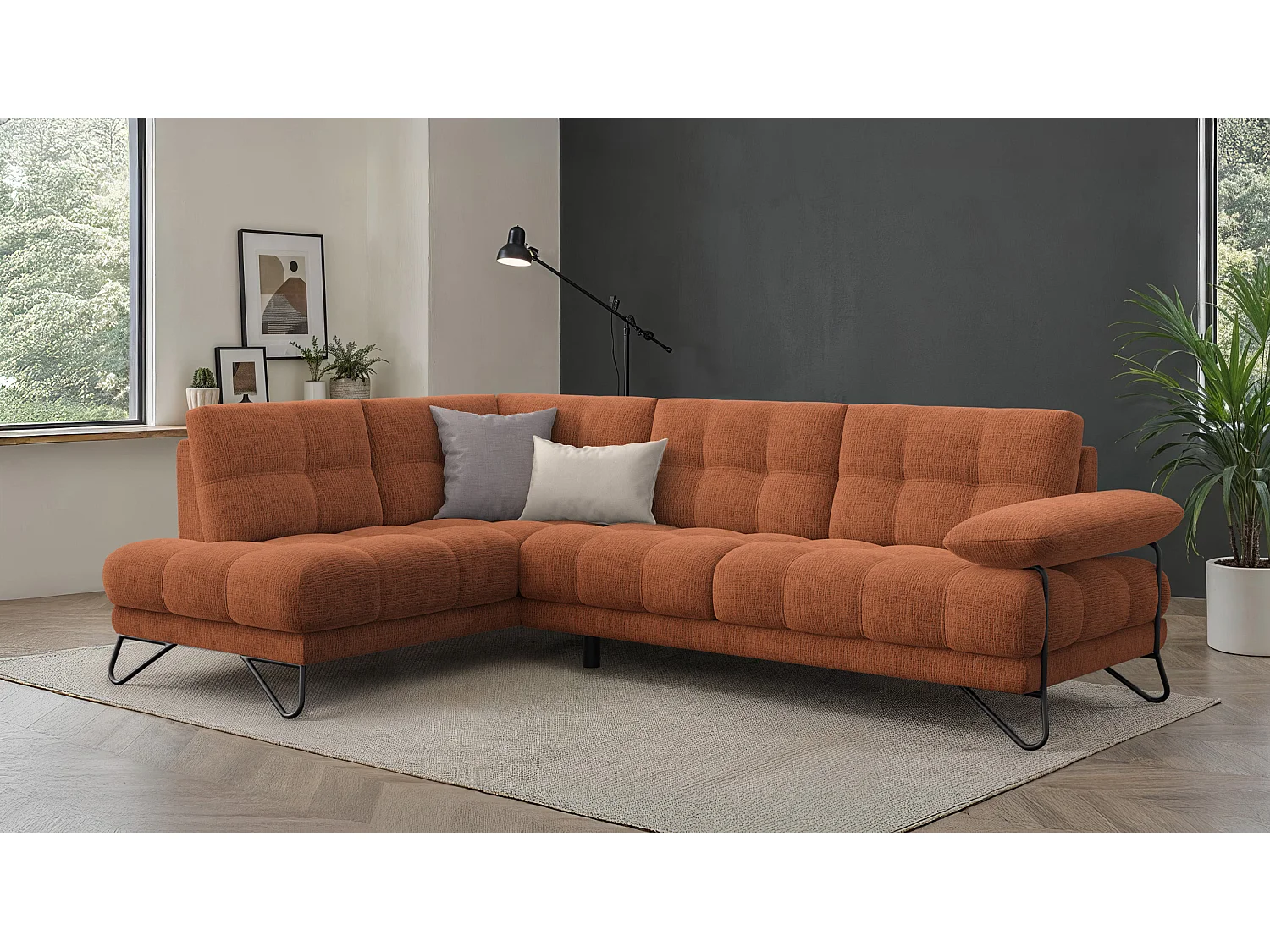 CANAPÉ D'ANGLE BUBBARA 5 places, tissu orange